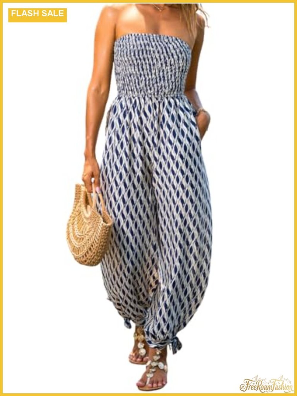 Strapless Tube Top Jumpsuit Boho Smocked Wide Leg Romper with Pockets